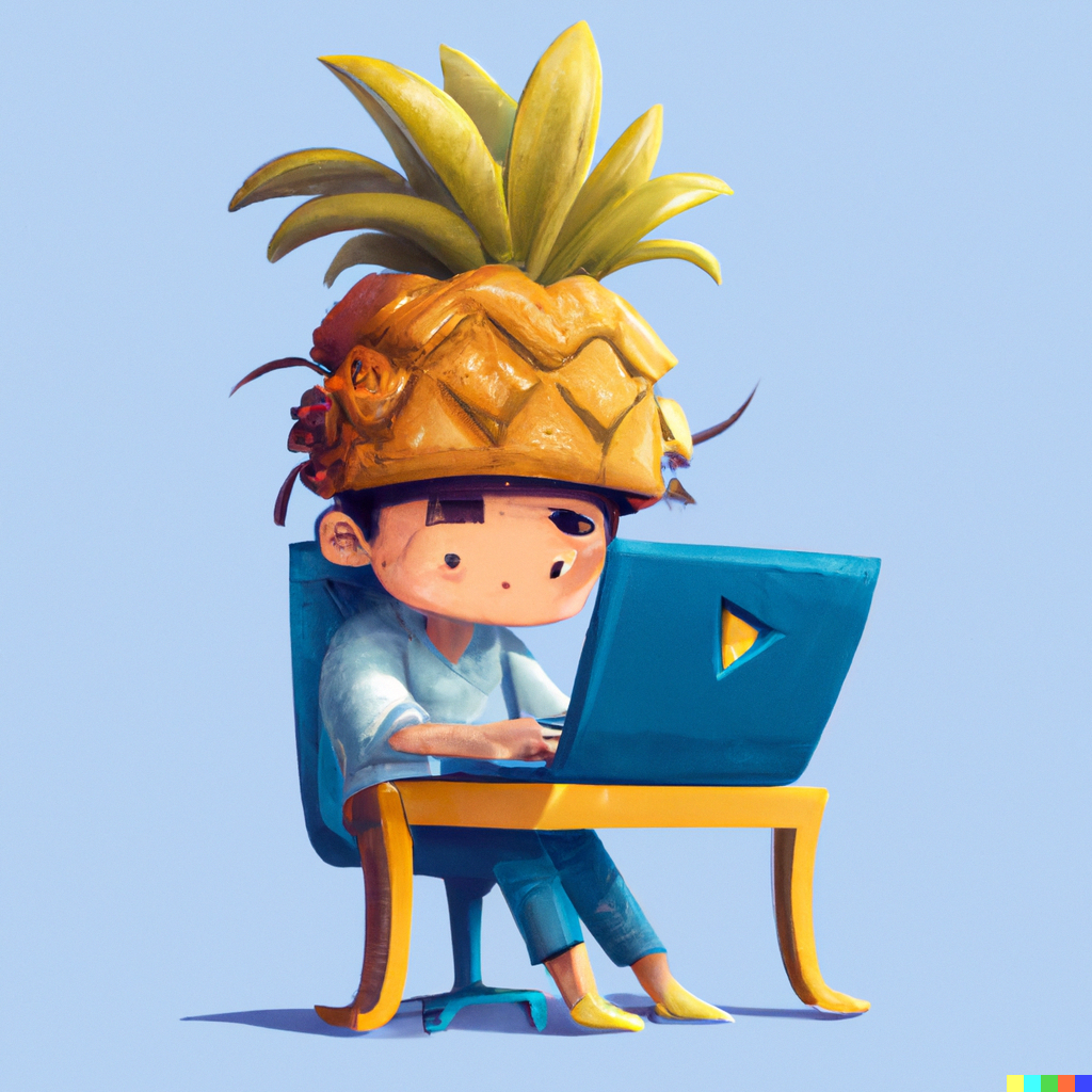 DALL-E generated with a prompt: a pineapple-shaped student working with a laptop, digital art
